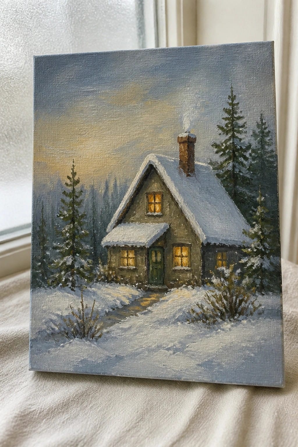 A small cottage with snow on the roof and lit windows stands in a snowy forest with pine trees around it.