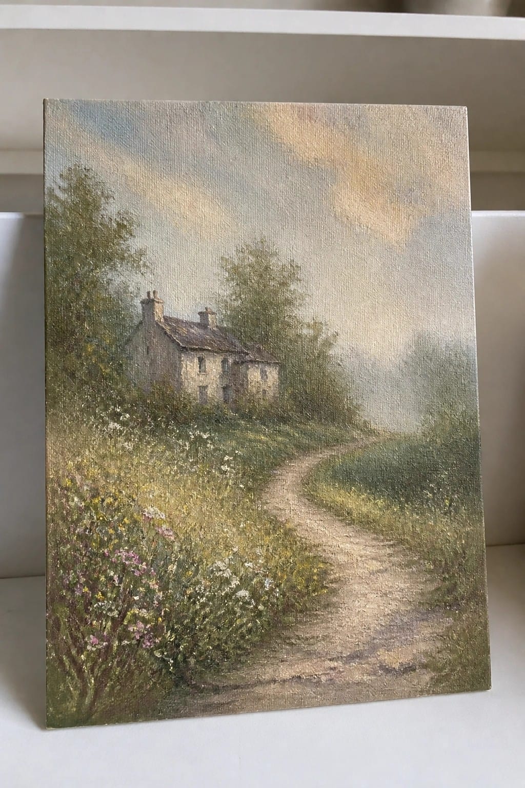 Stone cottage beside winding dirt path amid wildflowers, trees, and misty countryside.