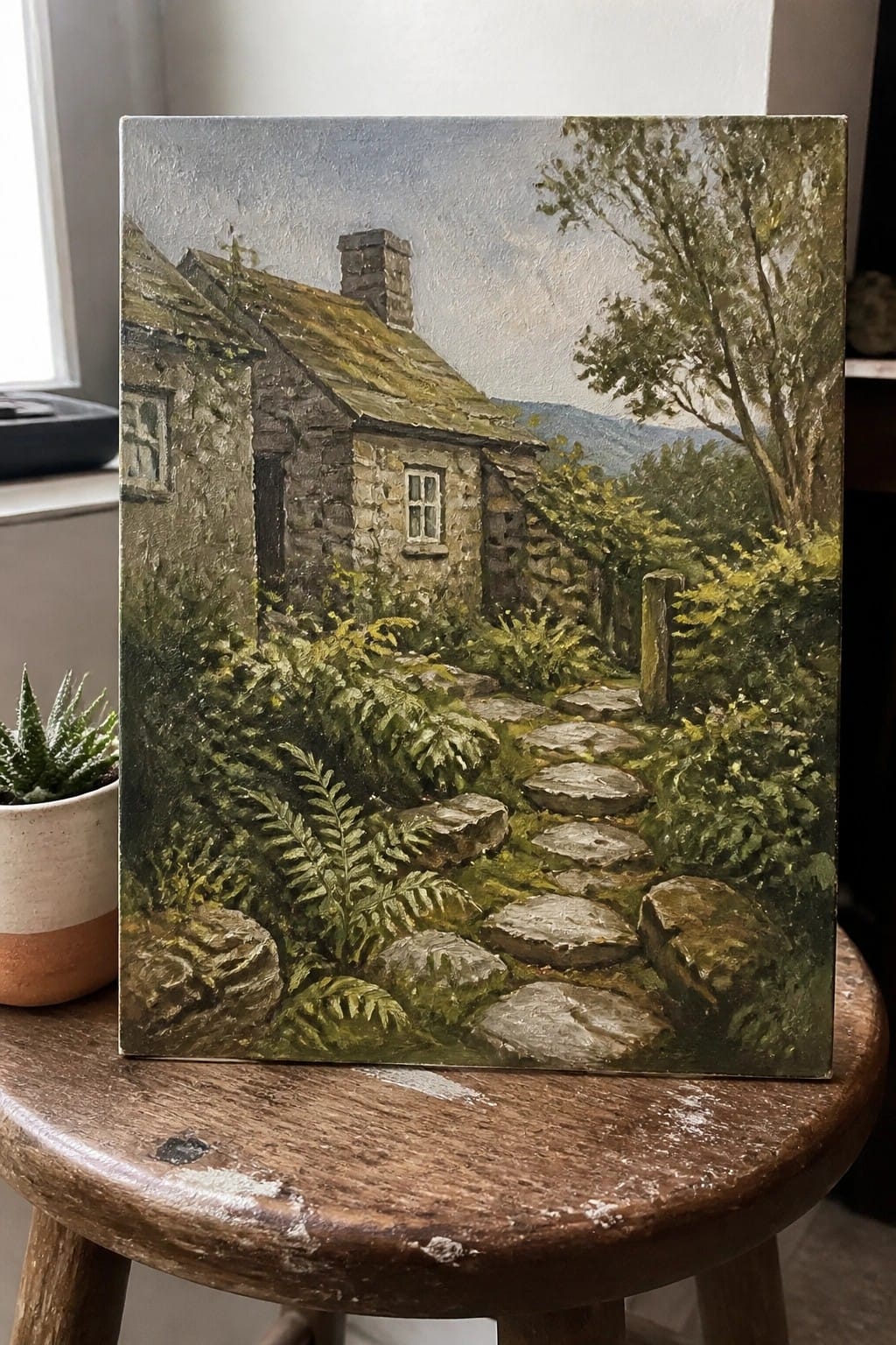 Landscape painting of mossy stone cottage with stepping-stone path amid lush green ferns and trees.