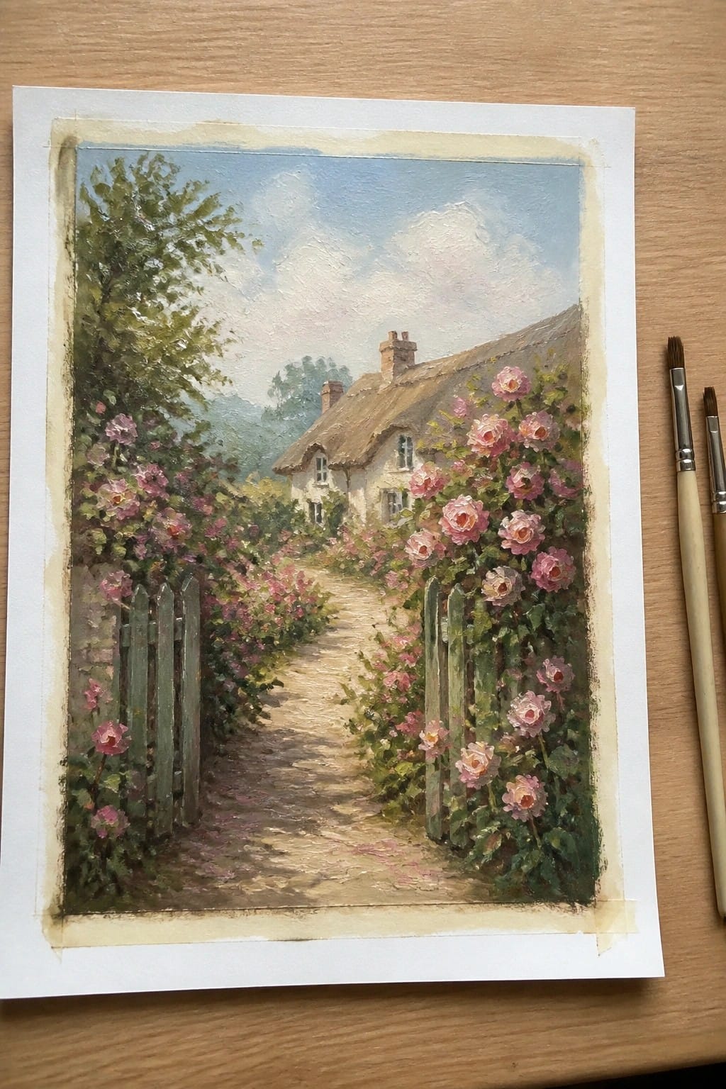 Impressionist painting of thatched cottage with pink roses along garden path, brushes nearby.