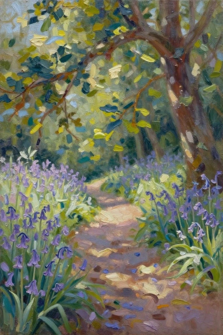 Impressionist painting of sunlit dirt path through purple bluebells and leafy trees.