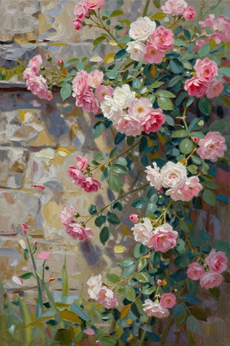 An oil painting of pink and white roses growing against a stone wall with green leaves.