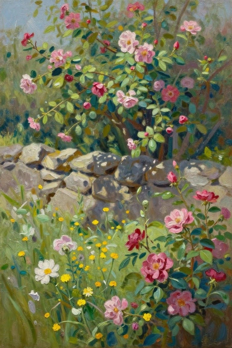 Lush pink roses blooming by a stone wall amid colorful wildflowers and greenery.
