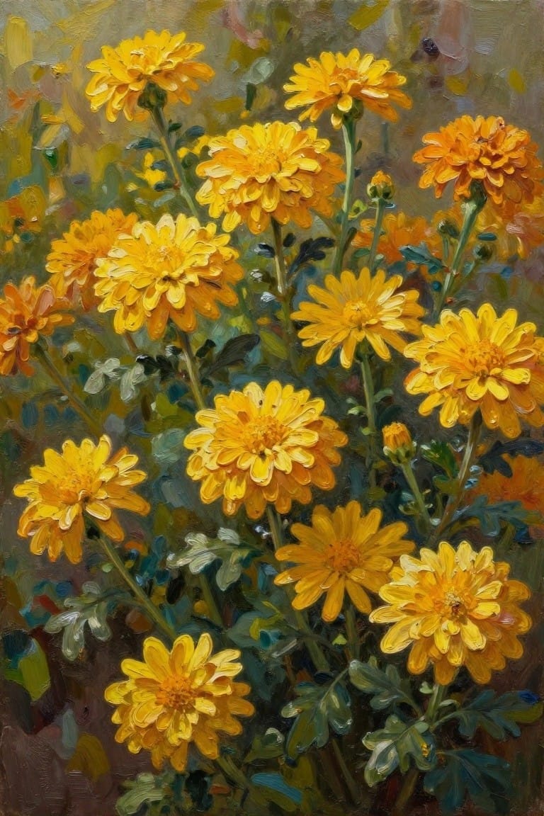 Vibrant yellow-orange chrysanthemums with green leaves in oil painting style