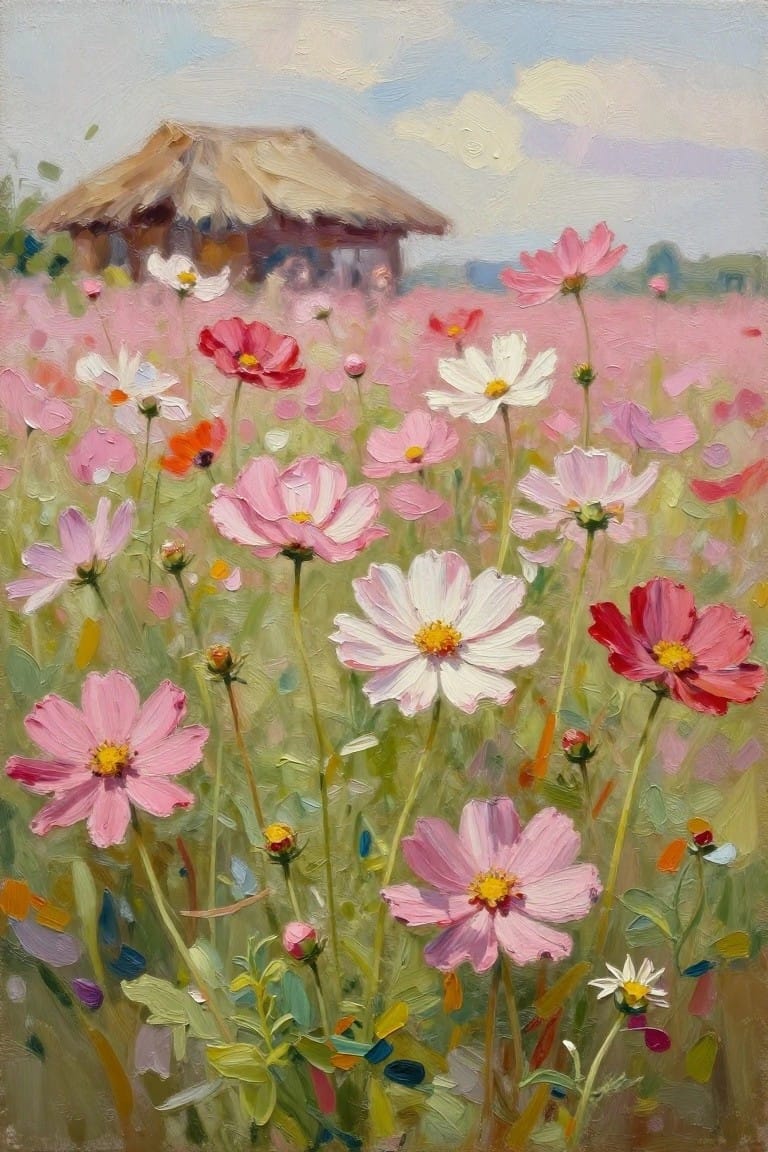 Vibrant pink white and red cosmos flowers blooming before a thatched hut