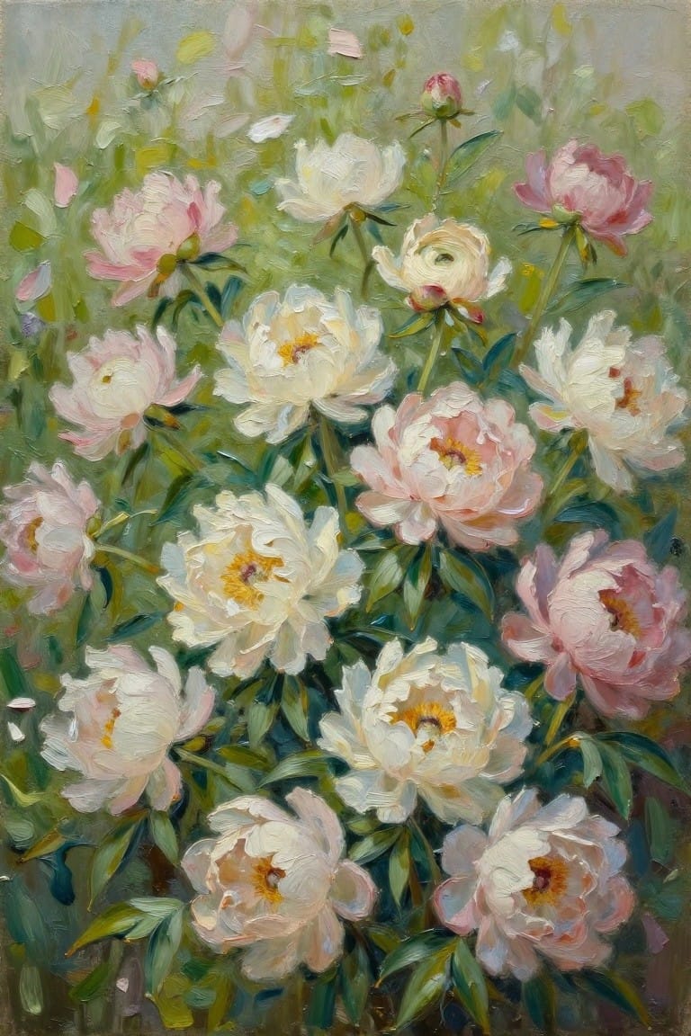Lush oil painting of blooming white and pink peonies with green leaves.