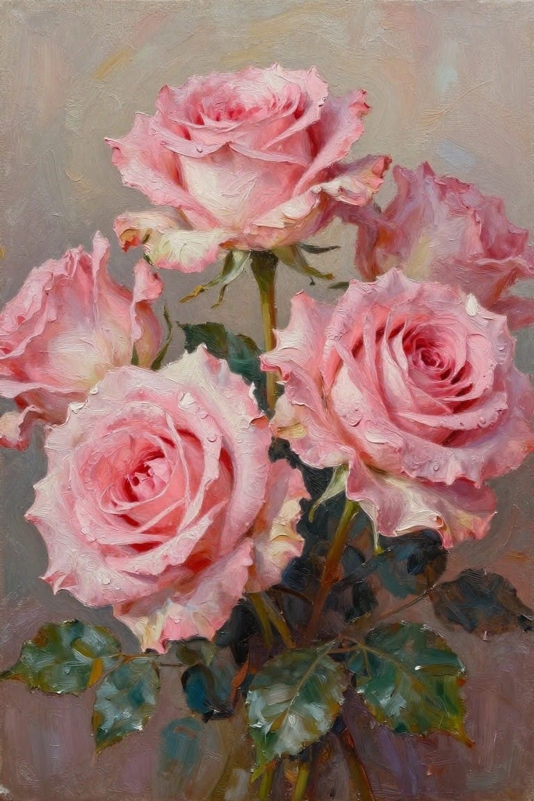 An oil painting of several pink roses with water droplets, green leaves, and visible brushstrokes against a muted background.