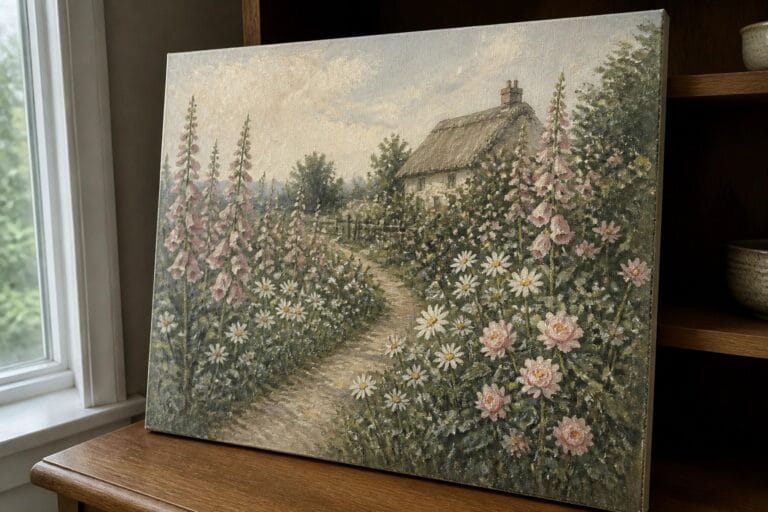 19 Dreamy Flower Garden Oil Painting Ideas in Cottagecore Style Painting of pink foxgloves, daisies, and roses along a path to a thatched cottage.