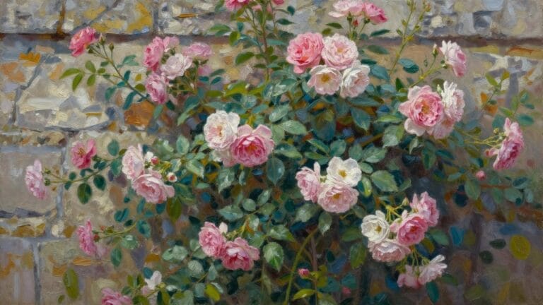 19 Dreamy Flower Garden Oil Painting Ideas in Cottagecore Style An oil painting of pink and white roses growing against a stone wall with green leaves.