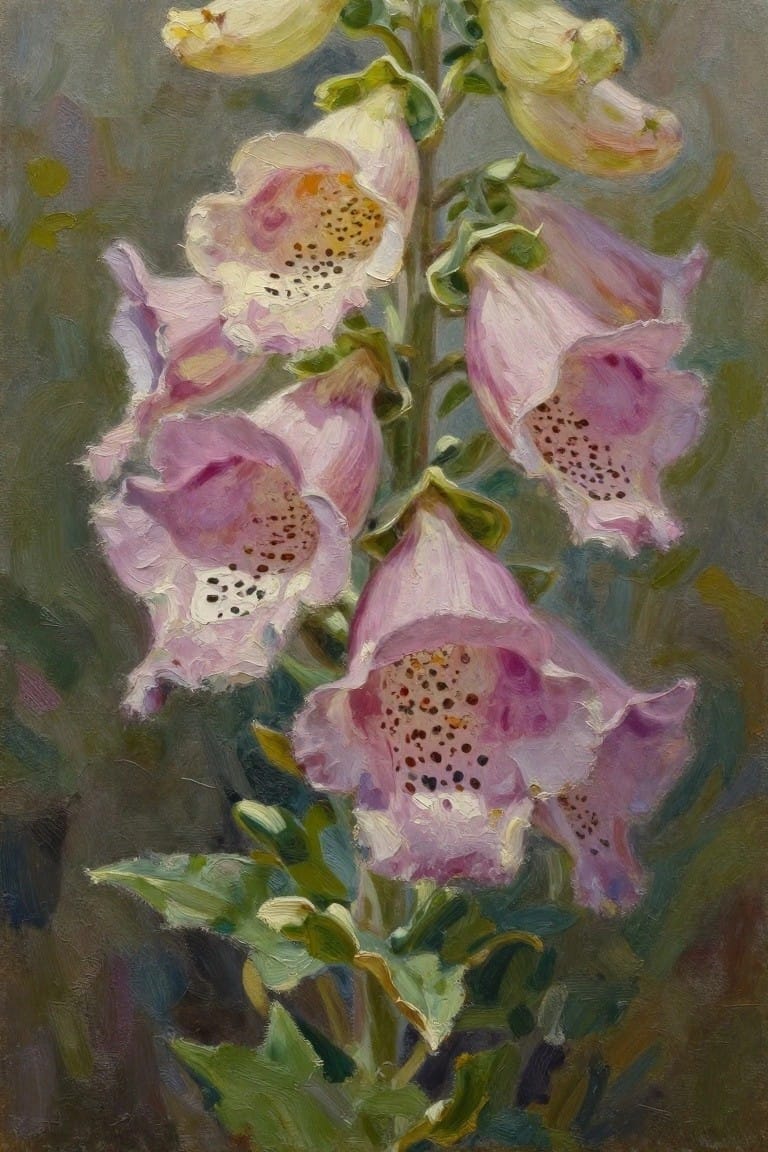 An oil painting of pink and purple foxglove flowers on tall stems with spotted interiors and green leaves against a dark muted background.