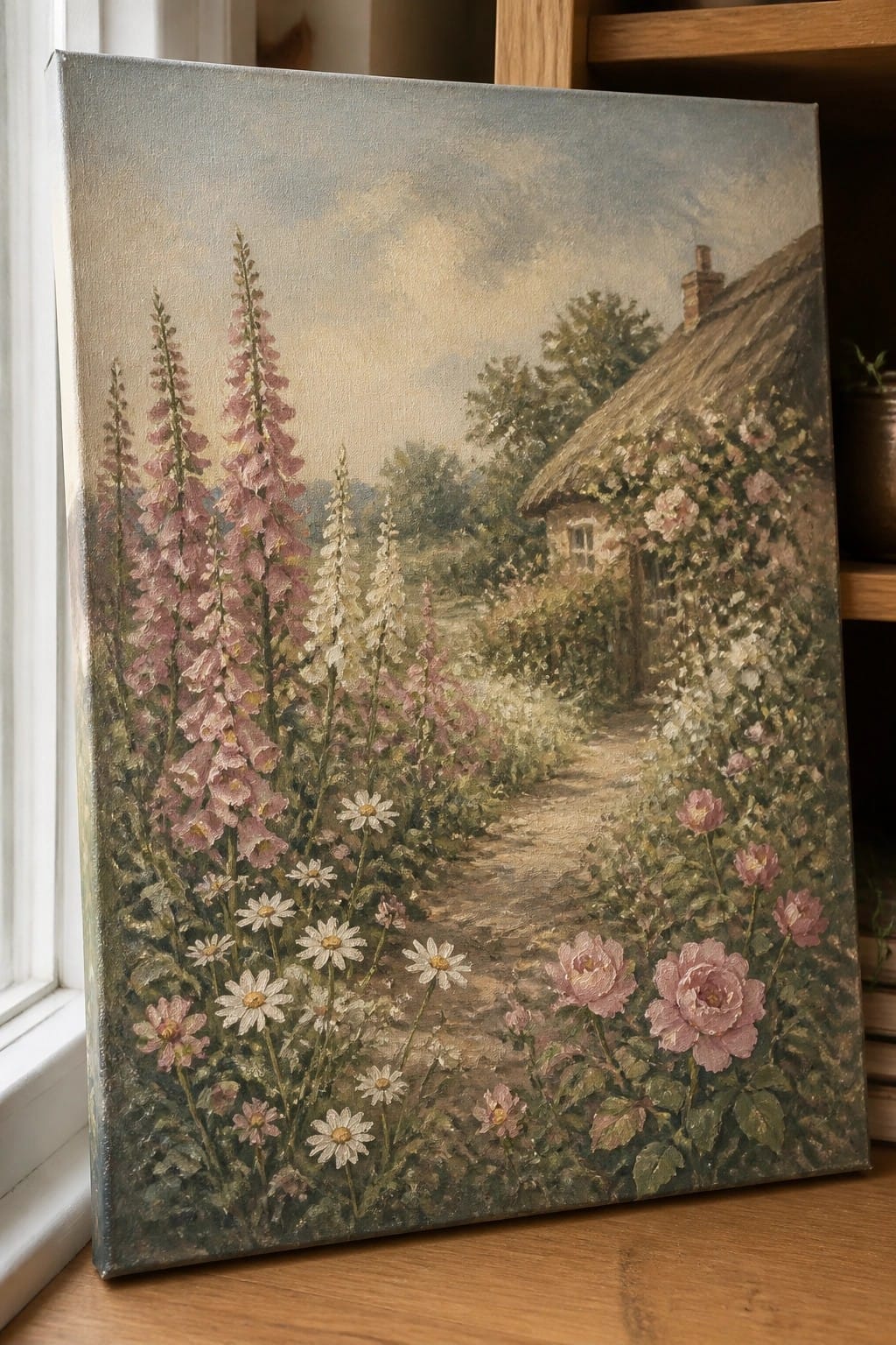 Painting of pink foxgloves, daisies, and roses along a path to a thatched cottage.