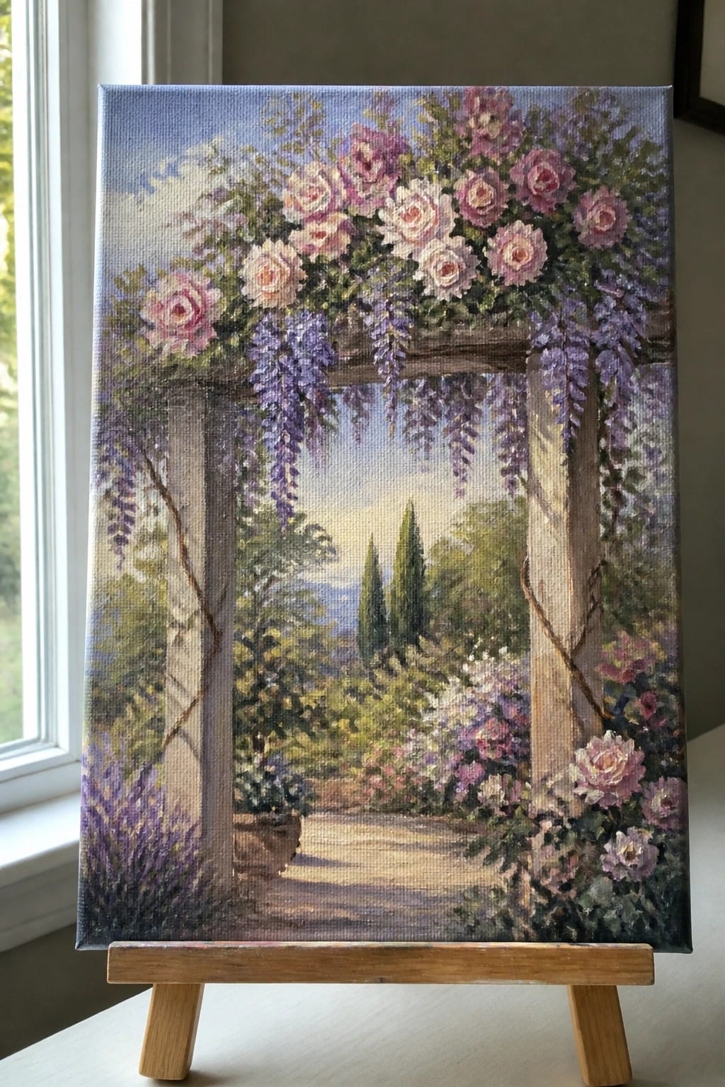 Oil painting on easel of rose-covered pergola with purple wisteria and garden path view.