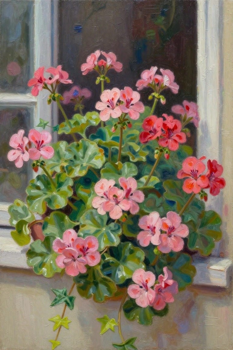 Lush pink geraniums in a pot on a windowsill, oil painting.