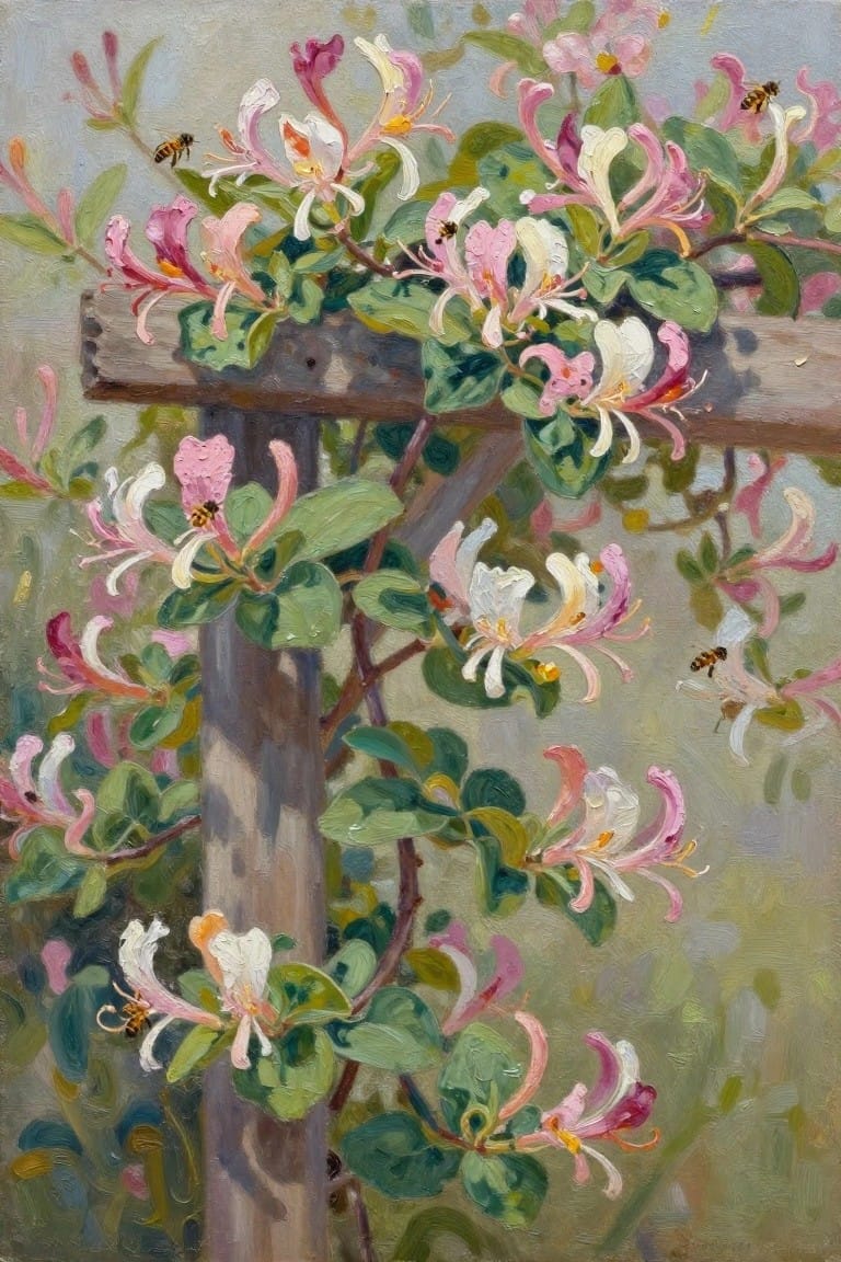 Pink and white honeysuckle blossoms on wooden trellis with hovering bees.