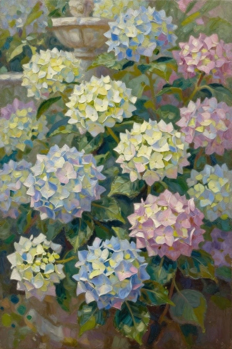 Lush hydrangea blooms in white, blue, pink, and purple fill a garden with fountain.