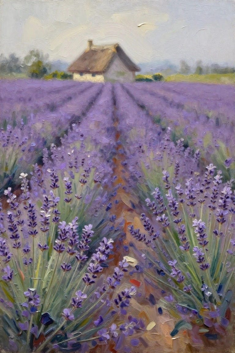 Rows of blooming purple lavender along a dirt path to a cottage.