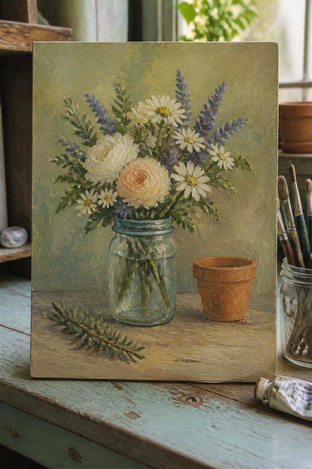 Oil painting of daisies and roses in blue jar beside terracotta pot and paintbrushes