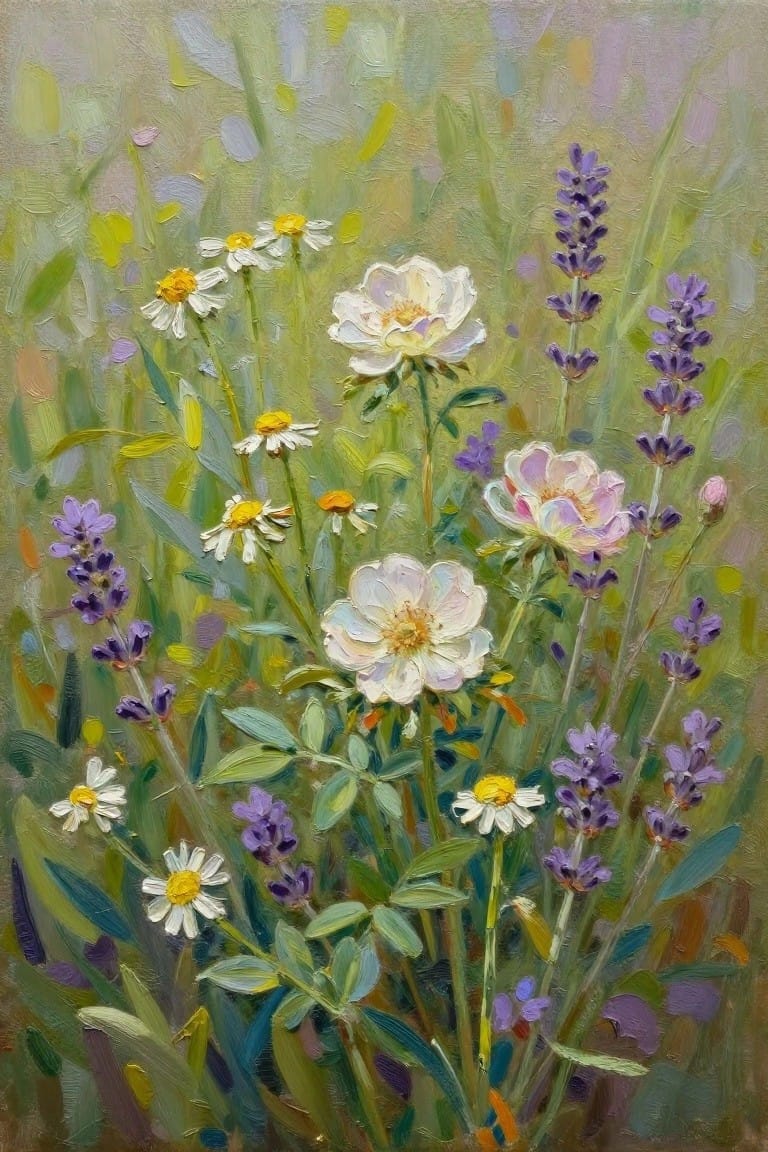 An oil painting of white daisies, pale roses, and purple lavender growing among green stems in a soft meadow setting.