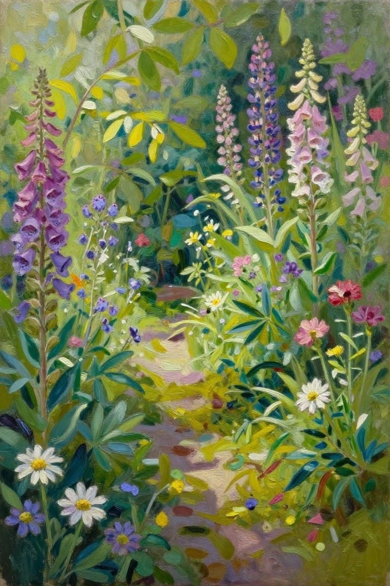 Vibrant garden path lined with purple lupines, daisies, and lush green foliage in oil painting.