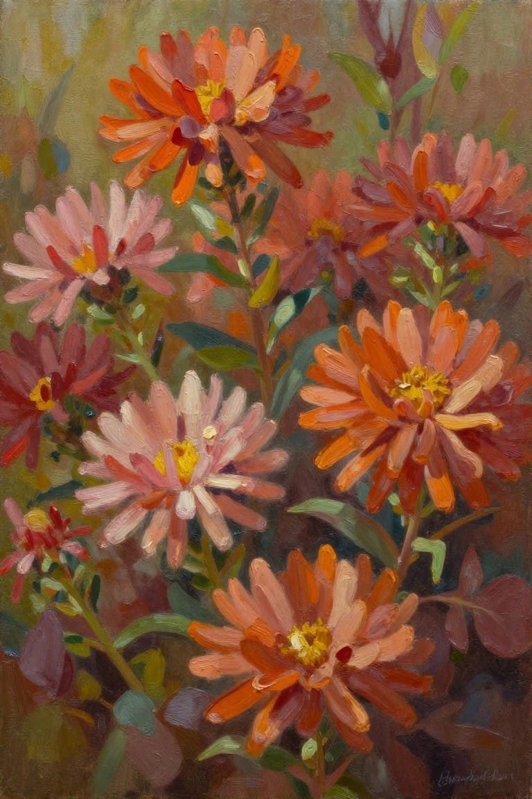 Vibrant orange, pink, and red flowers with yellow centers amid green leaves in oil painting