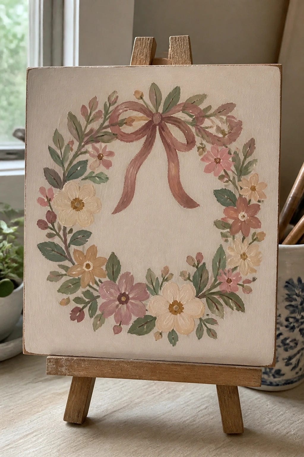 Floral wreath painting with pink bow on canvas atop wooden easel