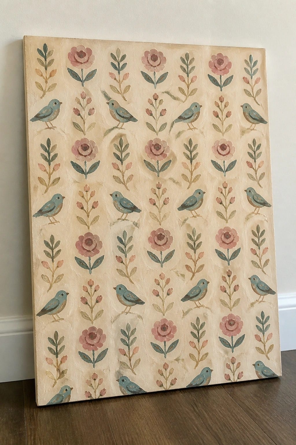 Canvas with repeating rows of blue birds and pink roses on beige background.