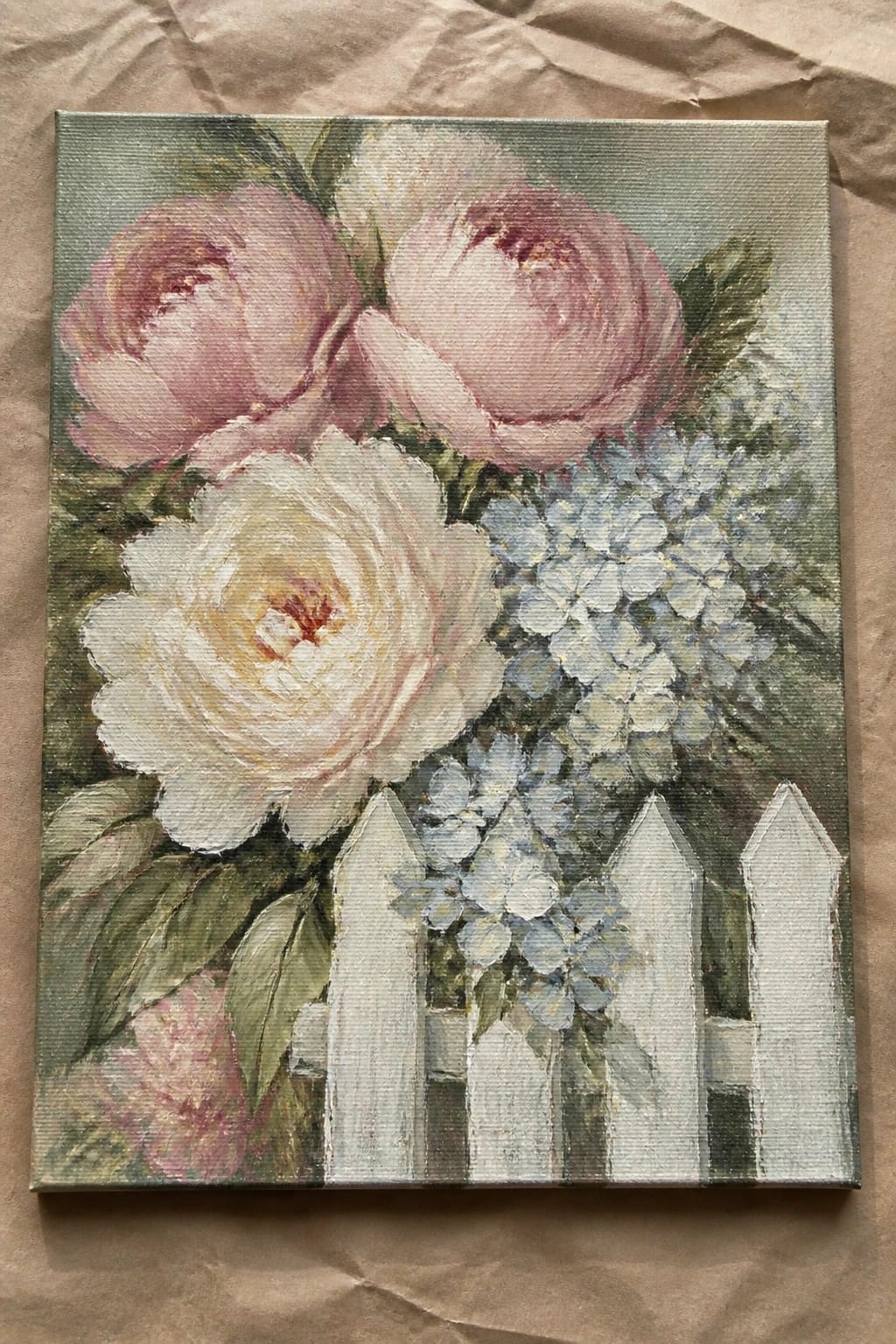 Pastel oil painting of pink peonies, white roses, blue hydrangeas and white picket fence