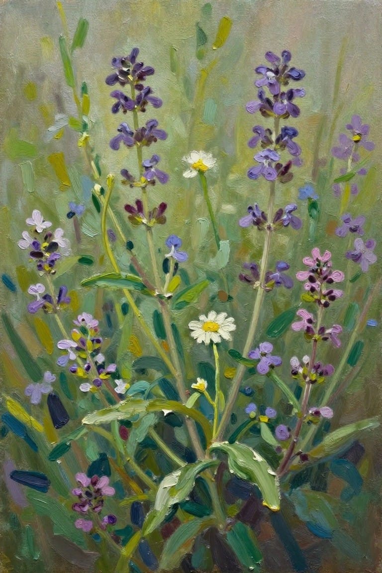 Oil painting of purple wildflowers and white daisies amid lush green foliage.