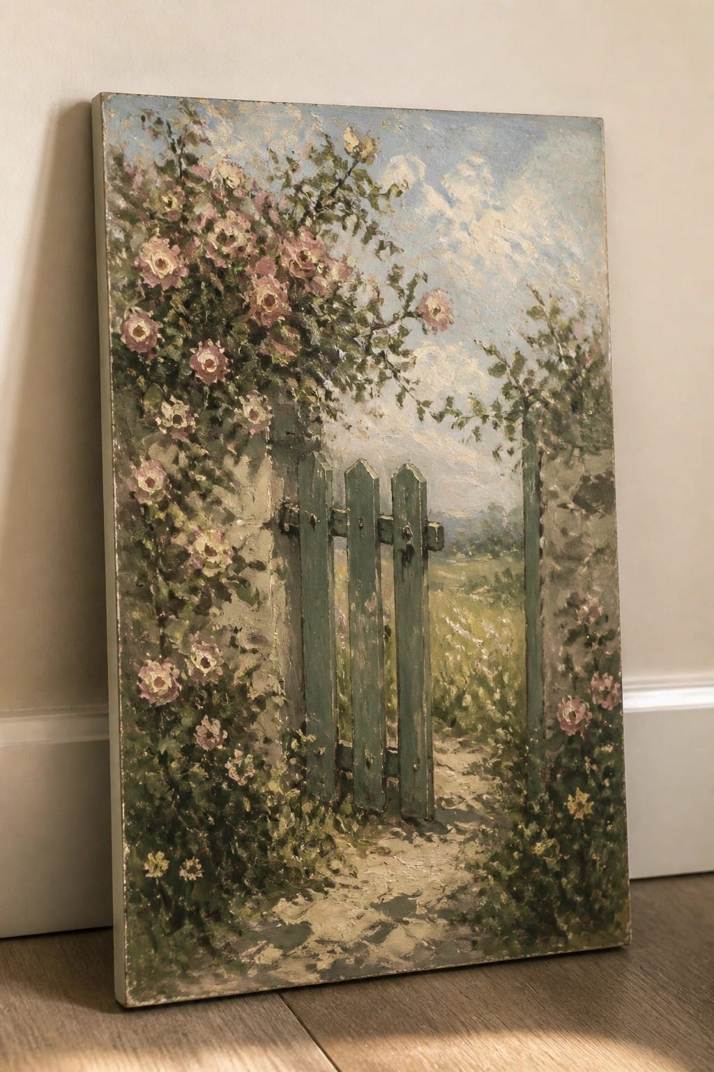 Oil painting of pink roses climbing over a weathered green garden gate.