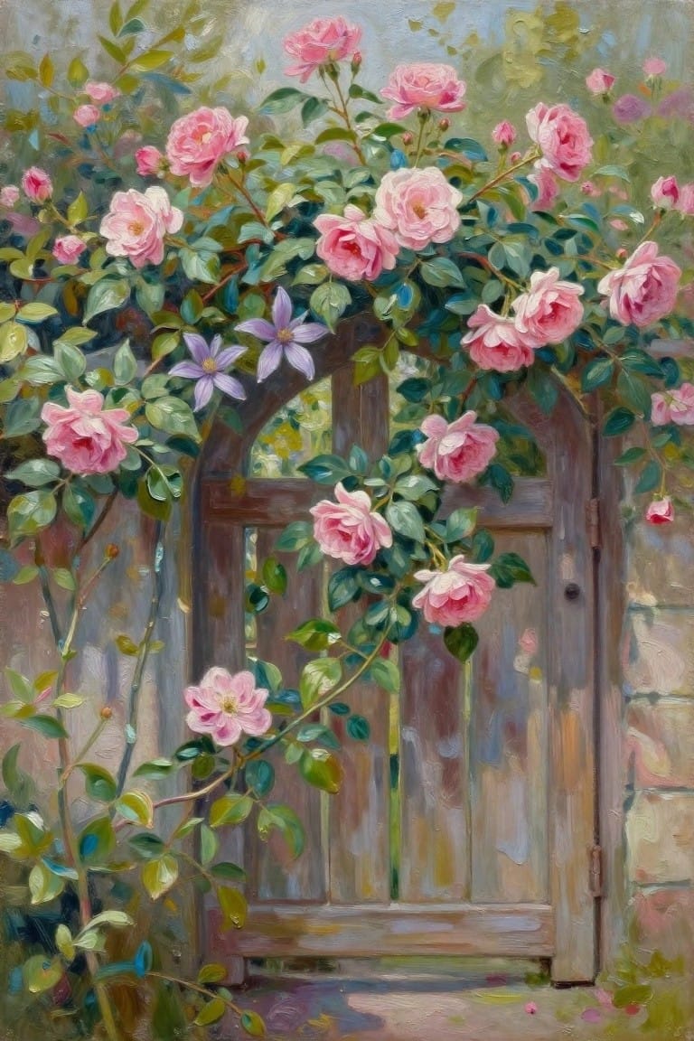 An oil painting of a wooden garden gate covered in pink roses next to a stone wall.