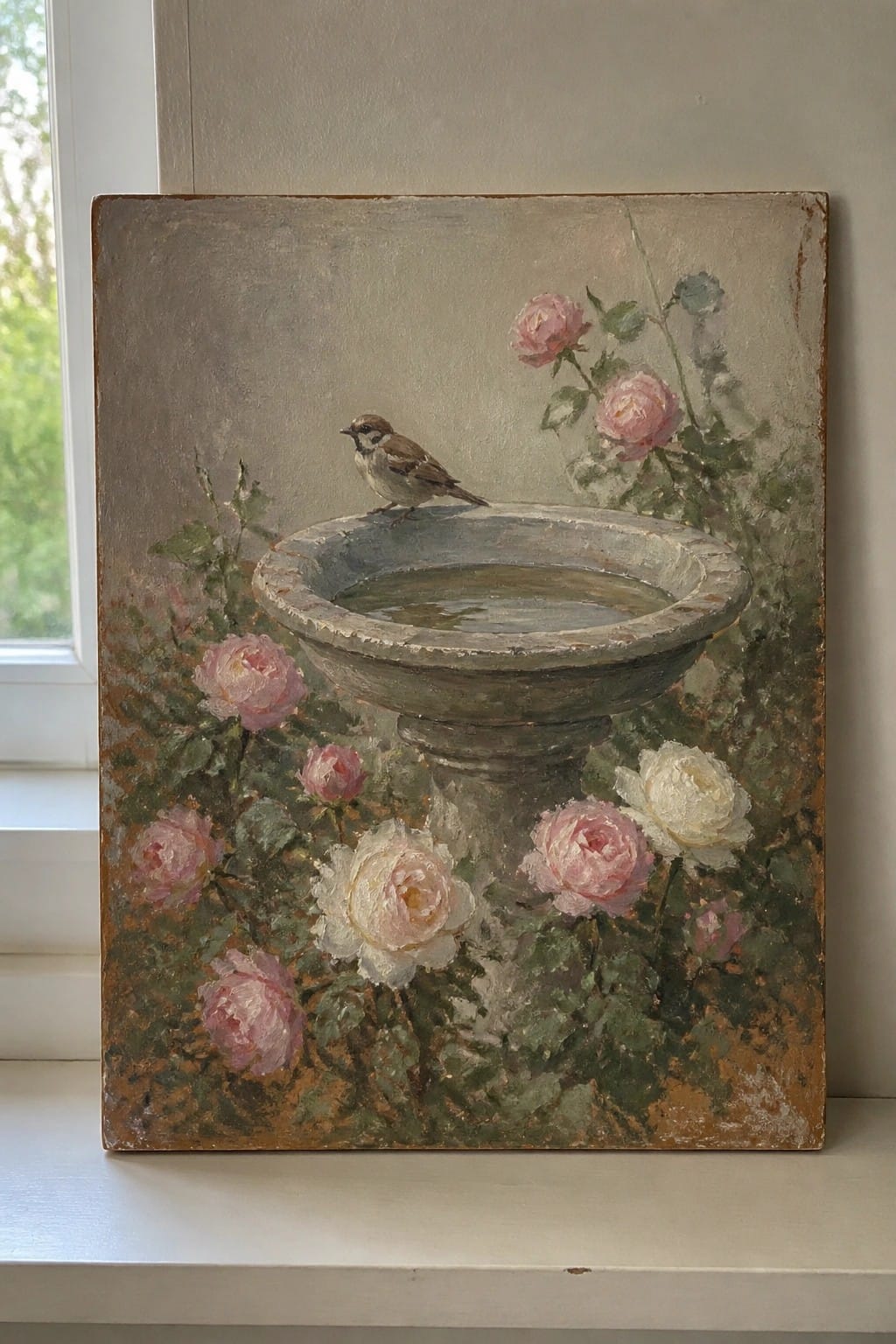 Impressionistic painting of a bird perched on a stone birdbath amid pink roses