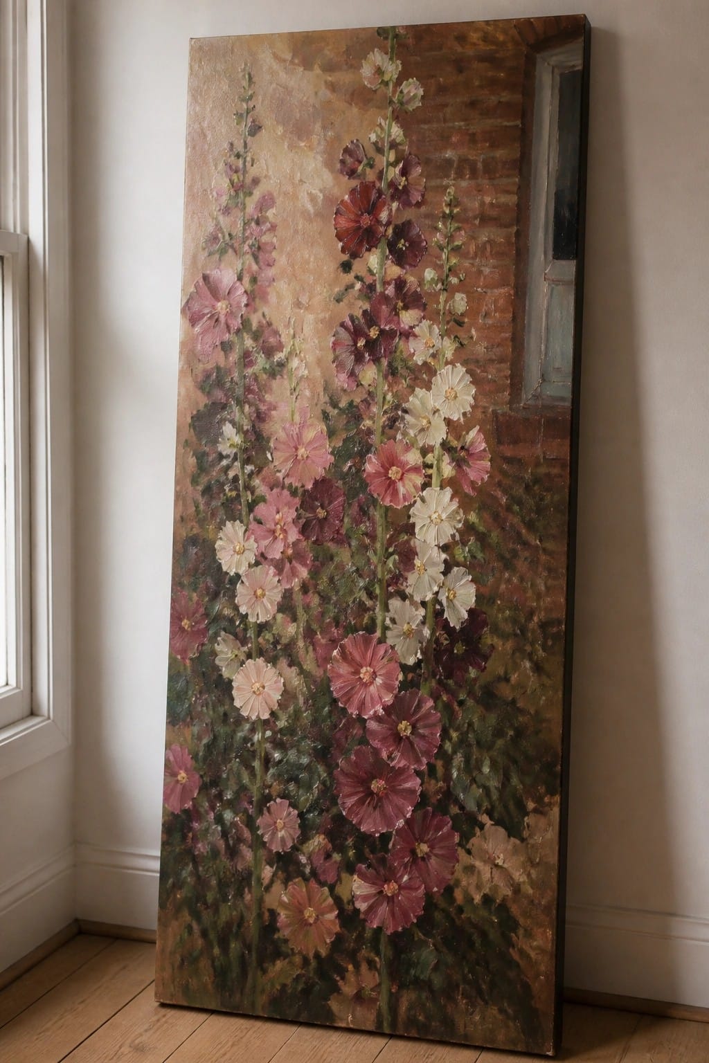 Large painting of pink and purple hollyhocks leaning against room wall