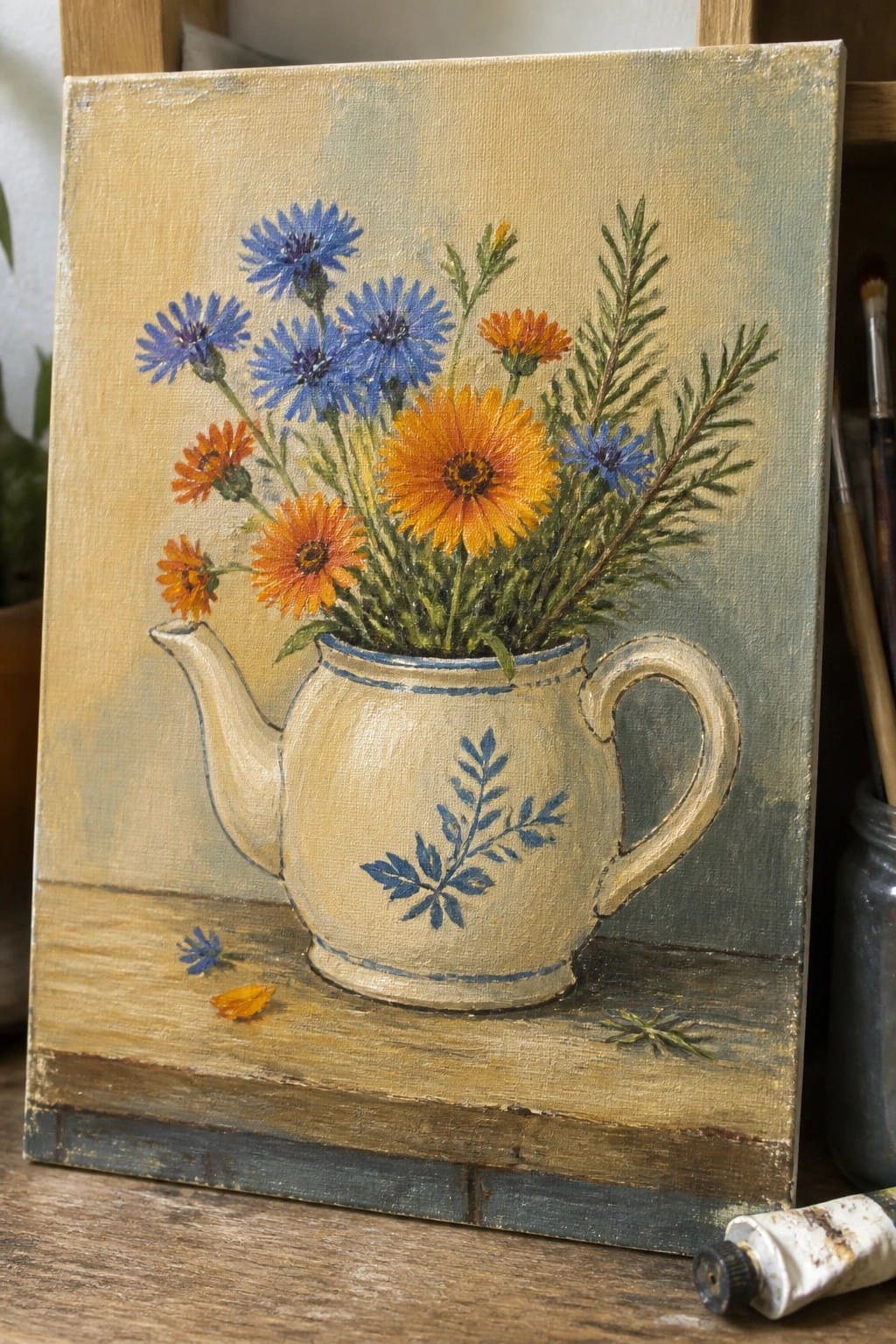 Oil painting of blue and orange flowers in a blue-patterned ceramic teapot on wood