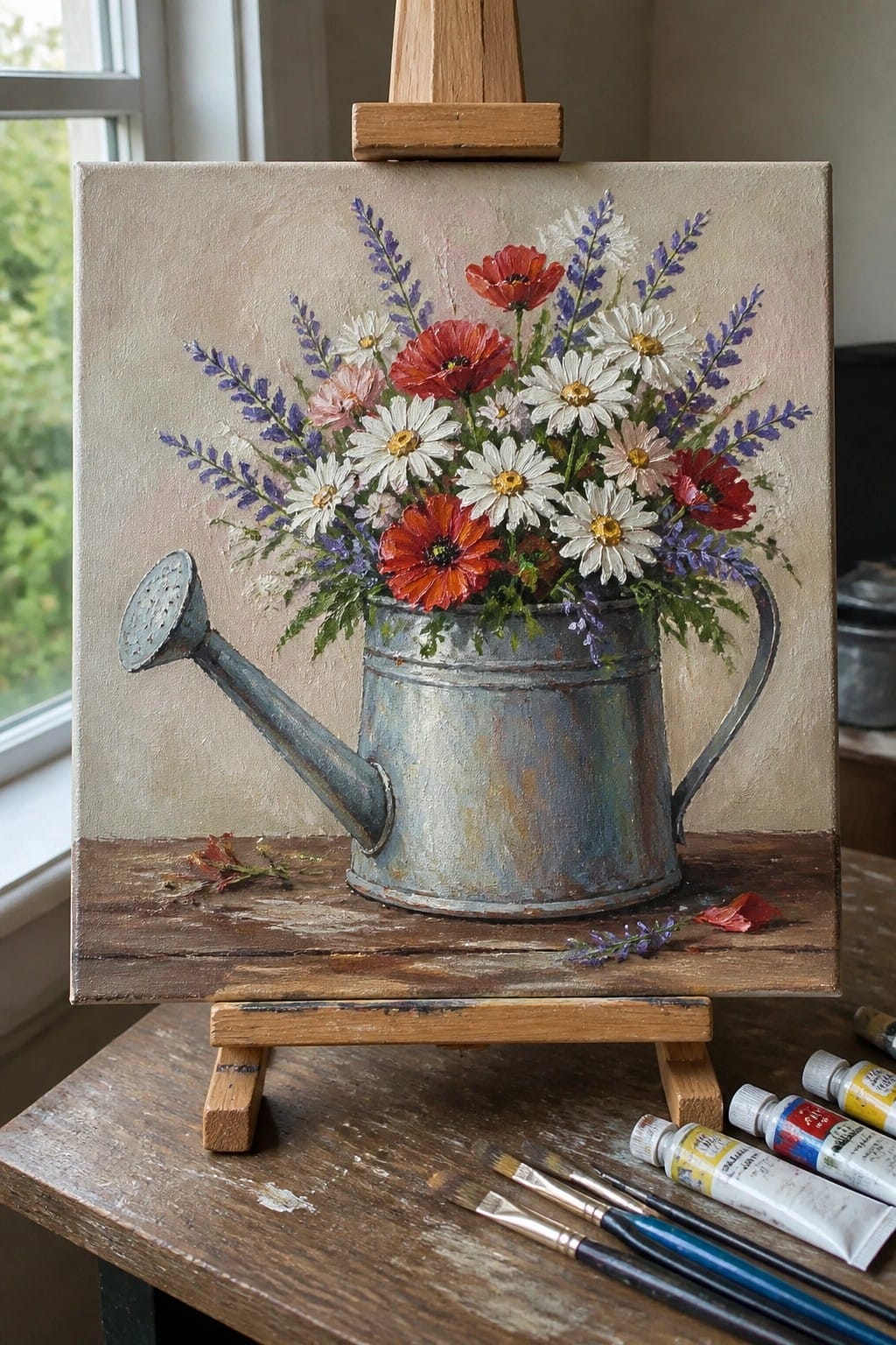 Painting of red poppies and daisies in metal watering can with paint supplies