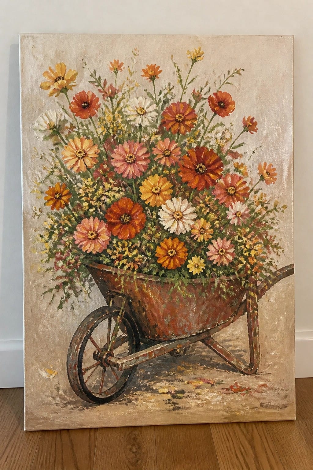 Rusty wheelbarrow brimming with vibrant orange, pink, yellow, and white flowers in oil painting