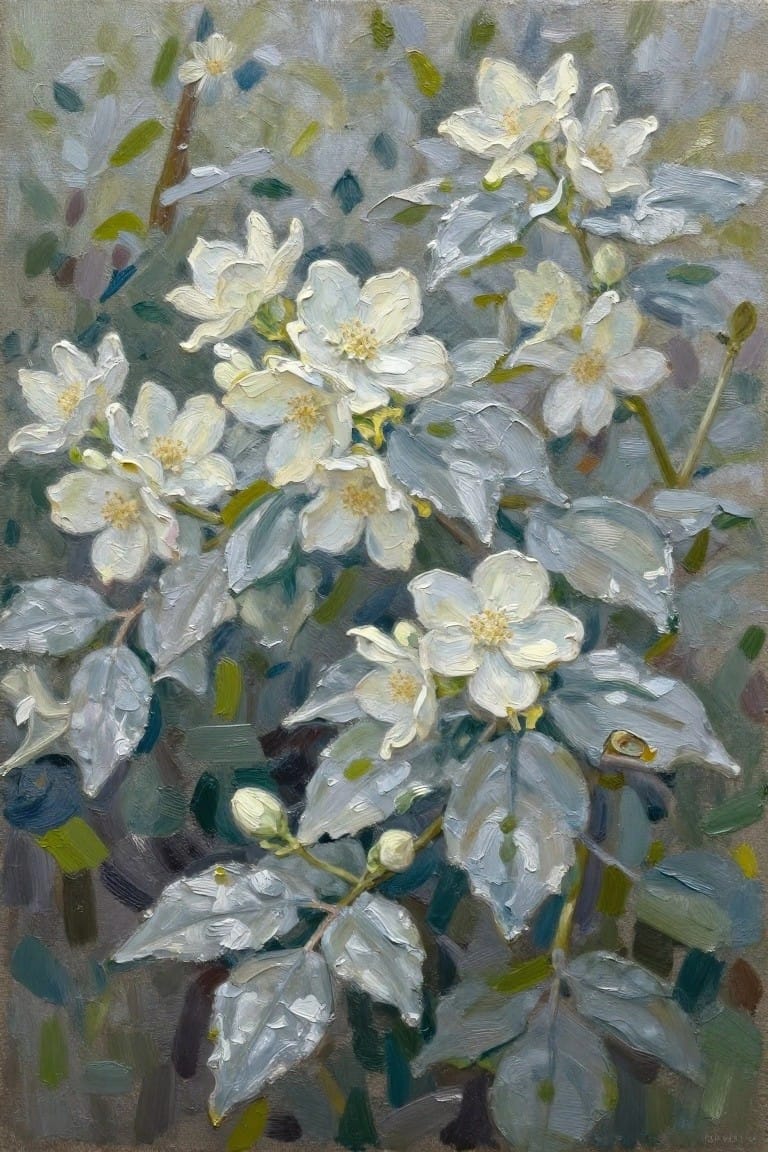 White flowers with yellow centers bloom among gray-green leaves in oil painting