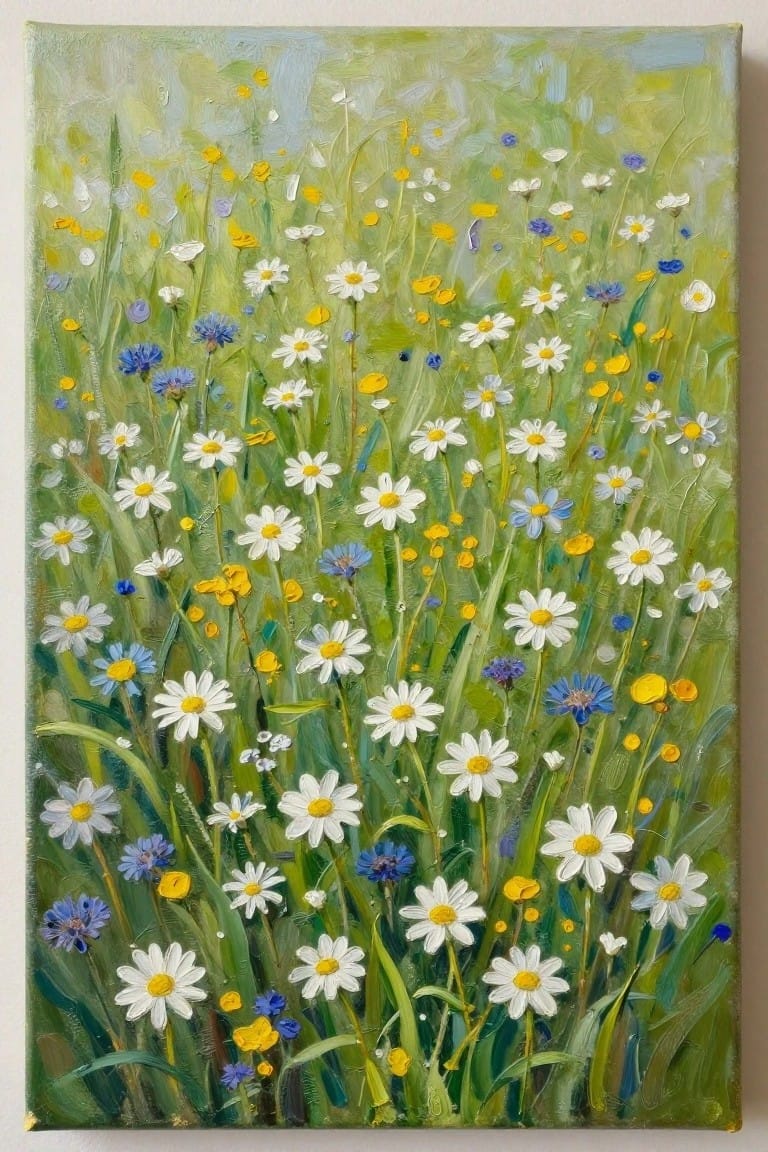 Vibrant oil painting of wildflower meadow with white daisies, blue and yellow blooms