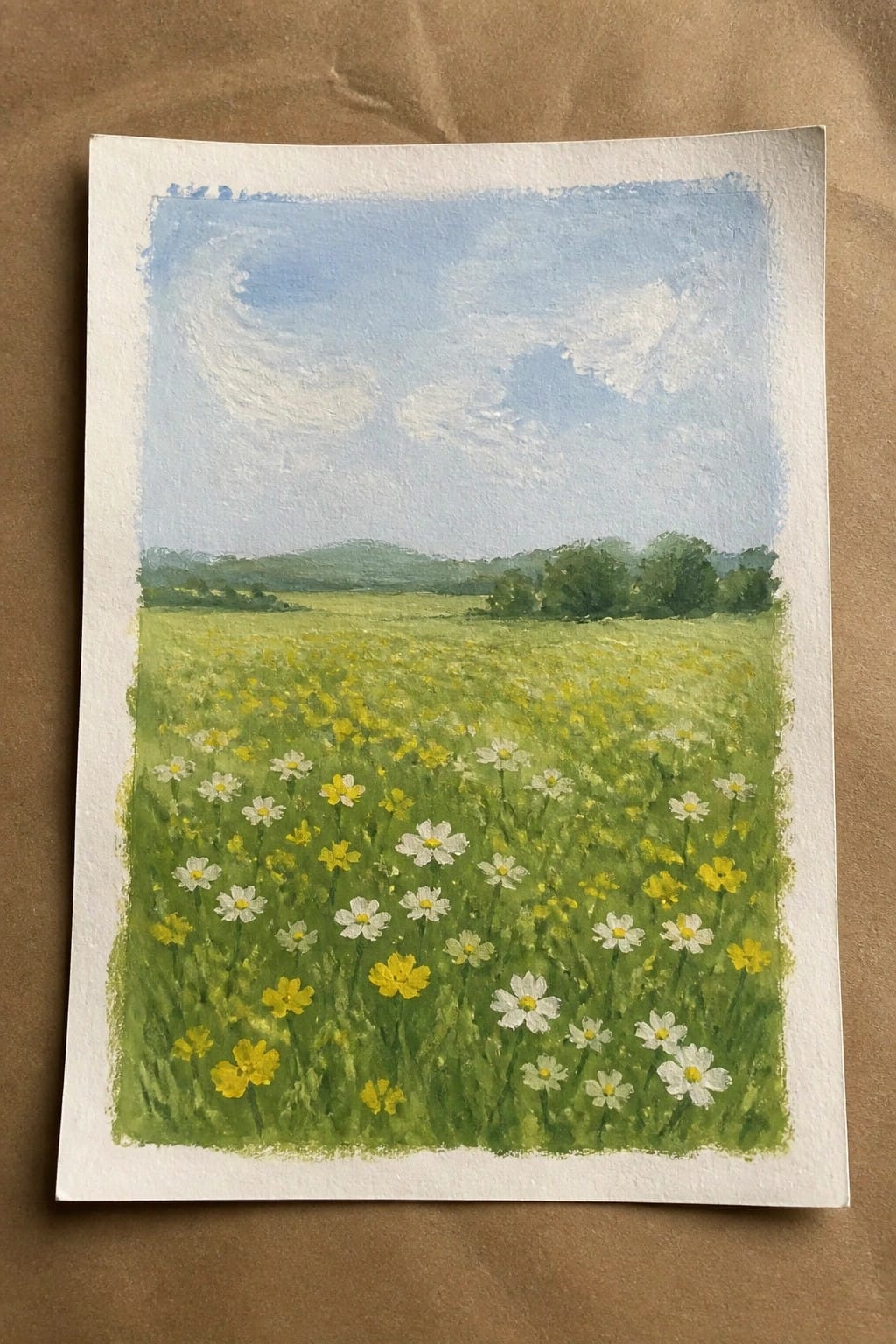 Impressionistic painting of a meadow with white daisies and yellow flowers under blue skies.
