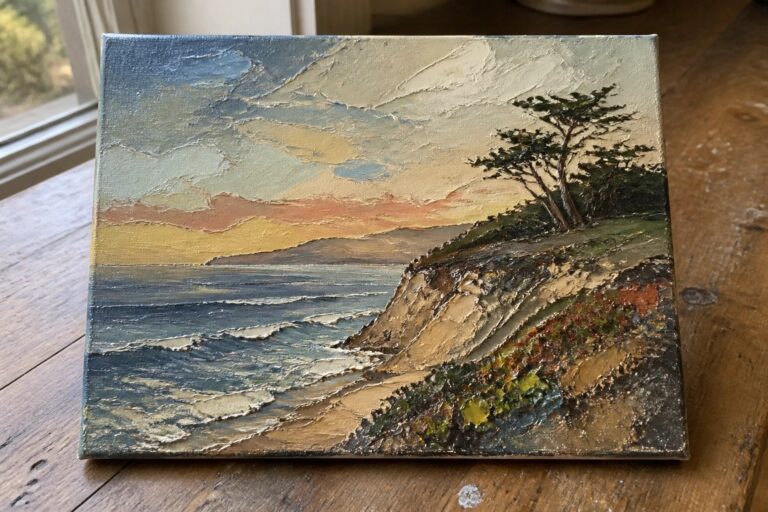 19 Dynamic Palette Knife Landscape Paintings Built Around Textured Layers Thickly textured oil painting of sunset over ocean waves crashing on rocky cliffs