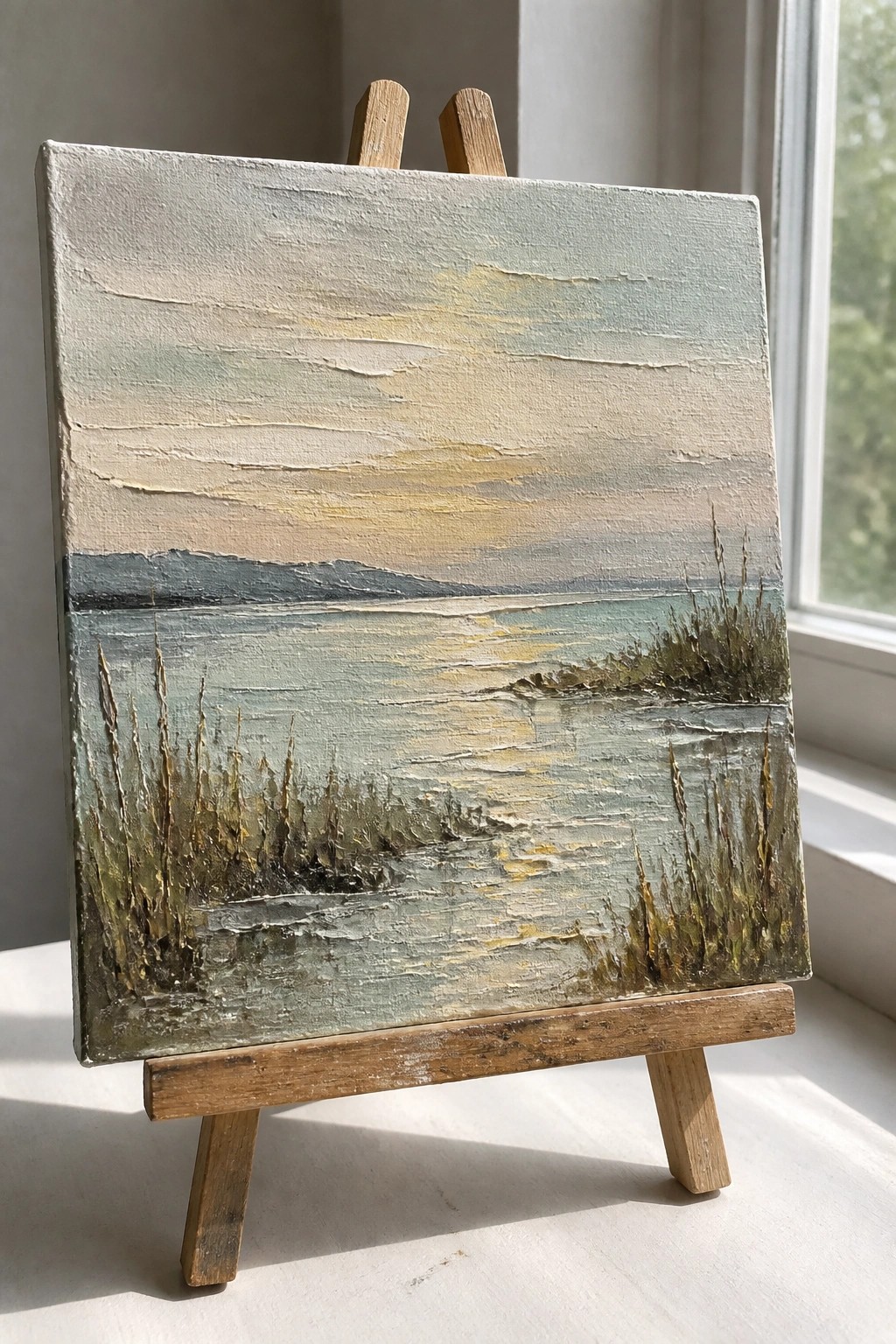 Textured landscape painting of misty lake with reeds on wooden easel