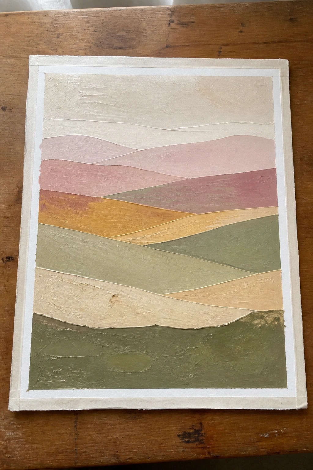 Abstract painting with wavy horizontal layers in beige, pink, orange, and green tones.