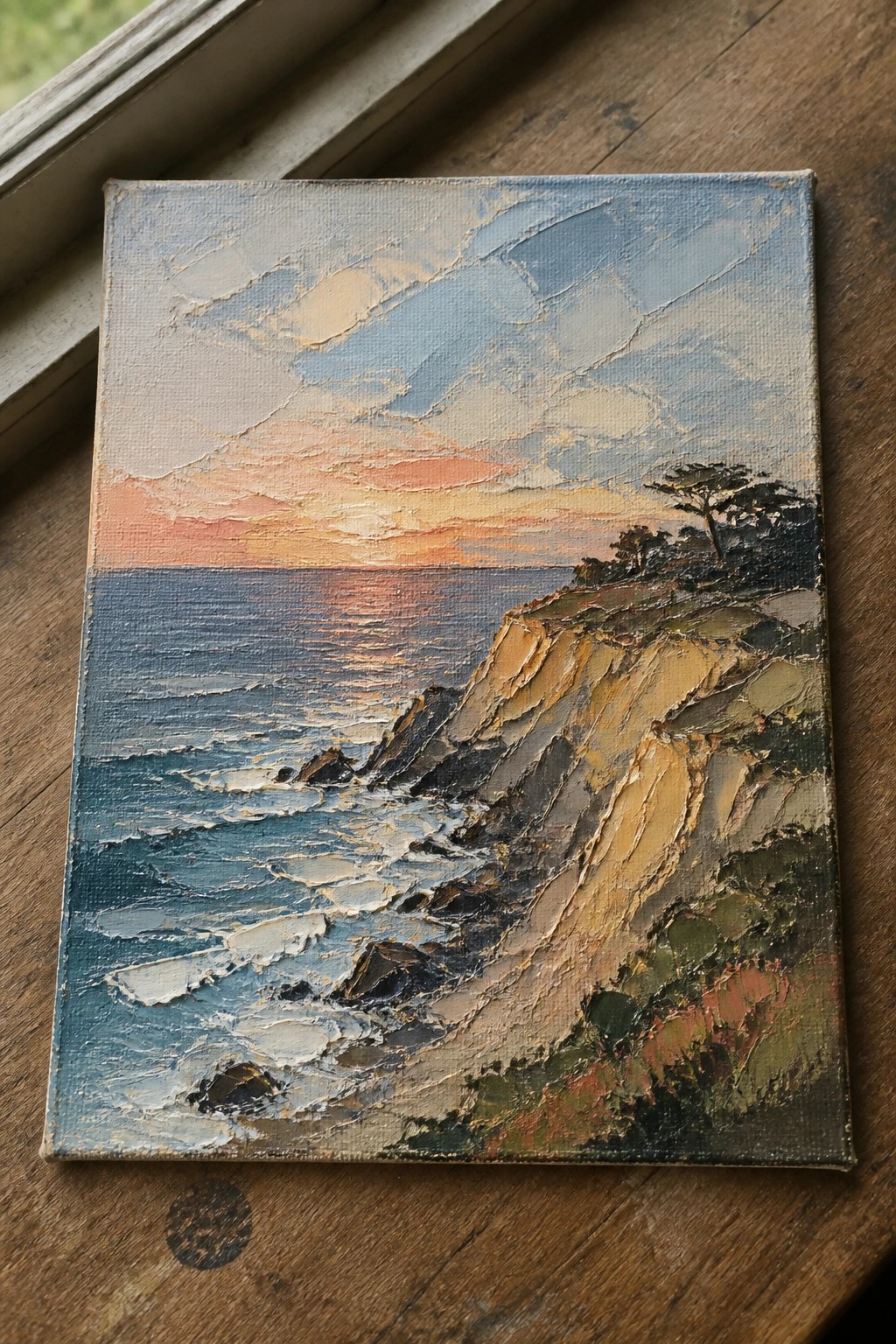 Thickly textured oil painting of sunset over ocean waves crashing on rocky cliffs