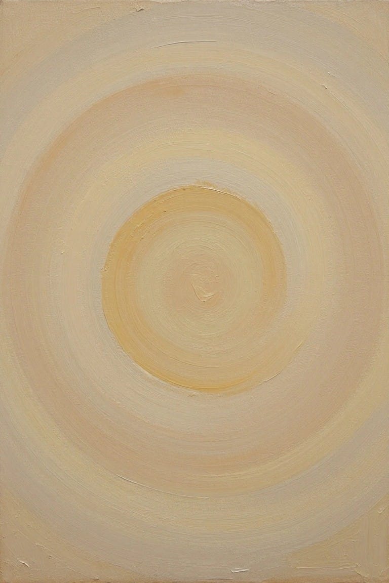 Abstract painting of concentric circles in beige, cream, and yellow with brushstrokes