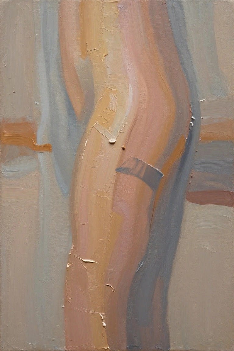Abstract painting of curved nude torso in textured peach, orange, and gray brushstrokes.