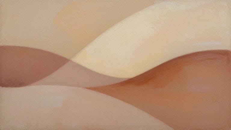 Abstract painting of swirling curved forms in beige, peach, and terracotta tones