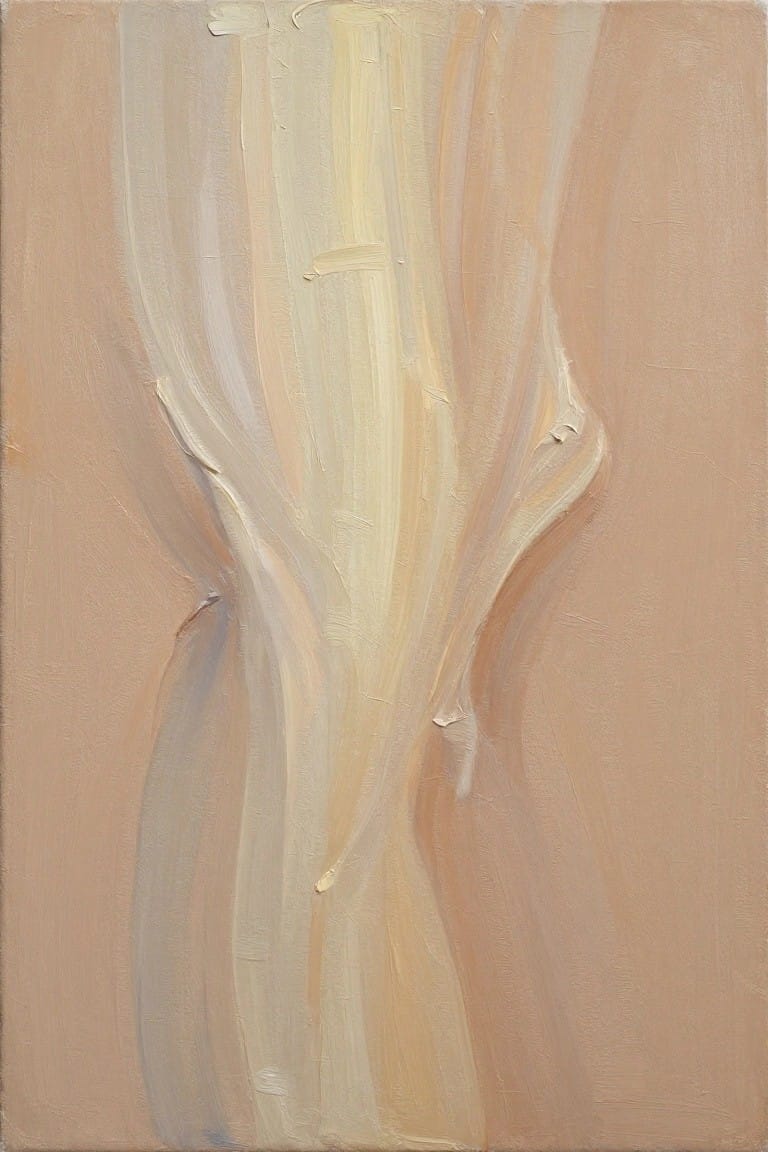 Abstract painting of curved nude form in flowing beige and cream brushstrokes