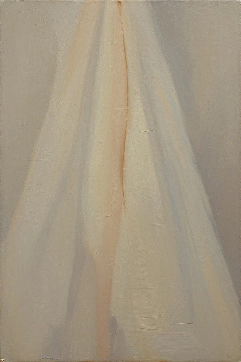 An abstract oil painting with soft vertical folds in shades of beige, cream, and light gray, featuring a central warmer peach streak.