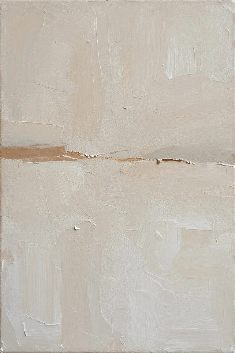 Abstract painting with thick white beige brushstrokes and thin brown horizontal line.