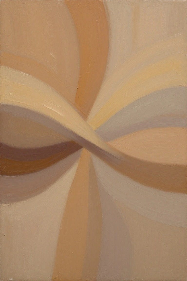 Abstract painting of intersecting curved bands in warm beige and brown tones