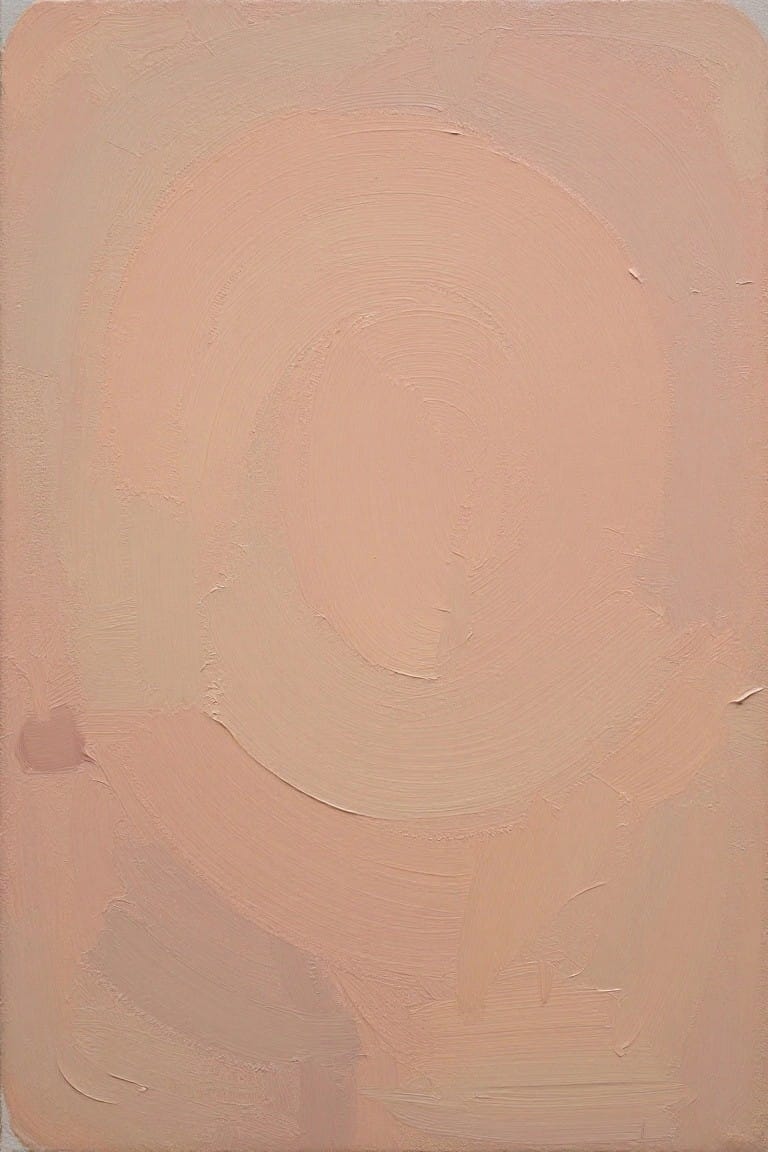 An abstract oil painting featuring swirling brushstrokes in soft peach and beige tones that form a loose circular pattern.